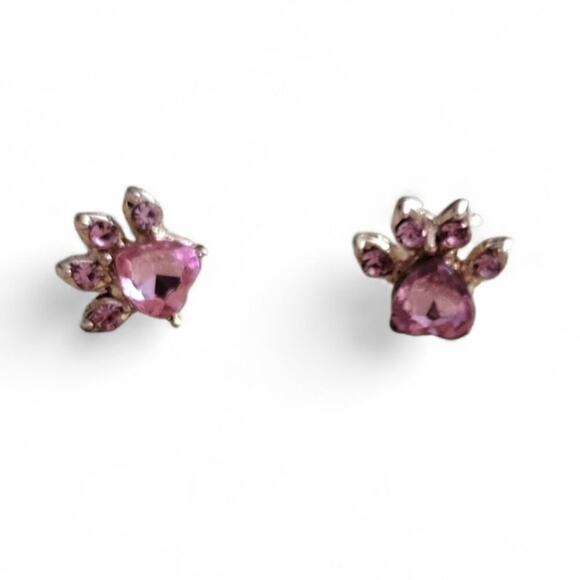 Pink and gold tone cat paws crystal earrings - Picture 2 of 4